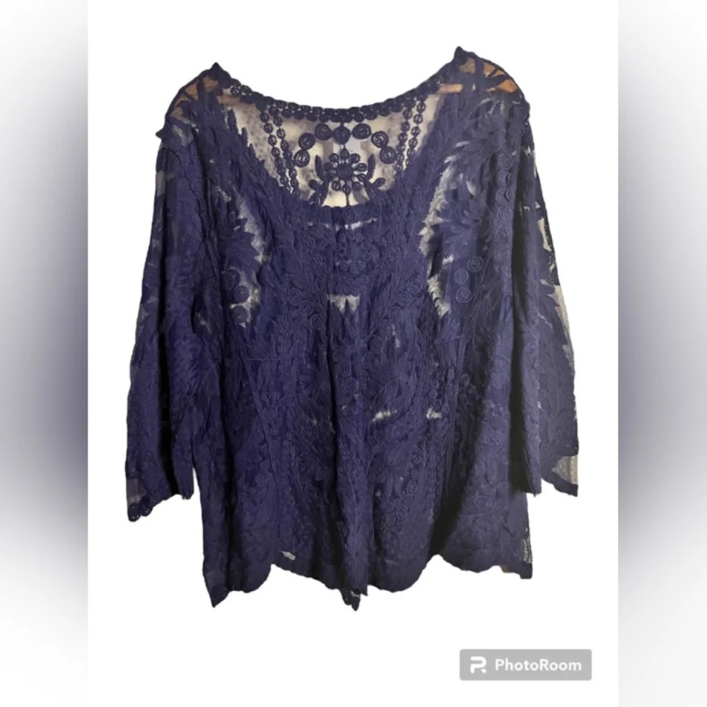 Navy Blue Simply Emma Embroidery Sheer Blouse - Picture 3 of 5